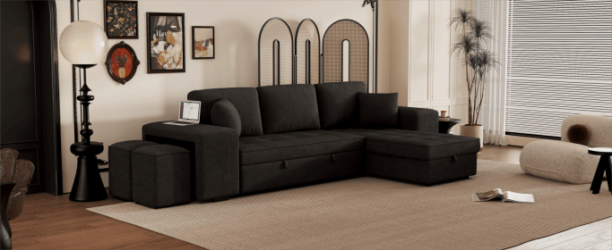 104.5" Modern L-Shape 3 Seat Reversible Sectional Couch, Pull Out Sleeper Sofa with Storage Chaise and 2 Stools for Living Room Furniture Set