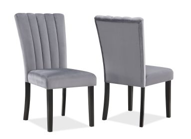 2pc Casual Upholstered Velvet Upholstery Chair Channel Tufted Back Wooden Dining Room Furniture Gray Black