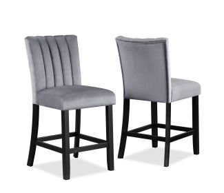 2pc Casual Upholstered Counter Height Velvet Upholstery Chair Channel Tufted Back Wooden Dining Room Furniture Gray Black