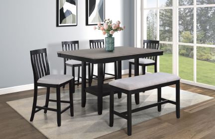 6-Piece Farmhouse Counter Height Dining Set Rectangular Table Light Gray Black Finish Upholstered Chairs Bench Wooden Solid Wood Dining Room Kitc