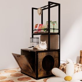55"Refined Litter Box Enclosure with Storage Shelves and 2 Hanging Clothes Rack, 4-in-1 Hidden Cat Litter Box Enclosure Furniture with Shelf