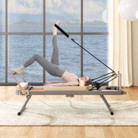 Pilates Reformer Machine For Home Gym Workout, Foldable Pilates Equipment With High Strength Alloy Springs For Beginners, Up To 330lbs (Color: Beige)