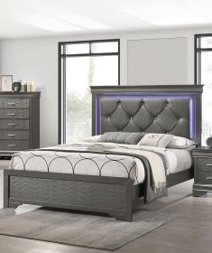 Dark Gray Faux Leather Tufted Headboard 1pc Queen Size Bed W LED Bedroom Furniture Gray Unique Texture FB Solid Wood (Option: Gray)