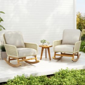 Contemporary Minimalist Ivory Wicker Rocking Chair With Soft Polyester Cushions And Durable Wooden Frame, Perfect For Indoor And Outdoor Spaces L (Option: Ivory-3pcs)