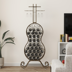 Cello Shape Wine Bakers Rack, Freestanding Wine Rack With Storage Bottle, Wine Storage Home Bar For Liquor And Wine, Organizer For Kitchen, Dinin (Option: Antique brown)