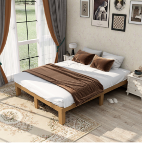 Large Wooden Platform Bed Frame, No Spring Box Required, Solid Wood Batten Support, Easy To Assemble (Option: Queen)