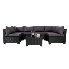 7 Pieces Outdoor Rattan Patio Sectional Set, Black Wicker Furniture Conversation Sets With Washable Cushions & Glass Coffee Table For Garden, Poo (Option: Black Gray)