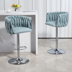 360 Fabric Cover Swivel Bar Stools Set Of 2, Adjustable Counter Height Bar Chairs With Woven Back & Footrest, Silver Chromed Bar Stools For Kitch (Color: Blue)