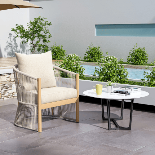 Modern Gray Curved Aluminum Lounge Chair With Stylish Rope-Weave Design And Cushioned Comfort, Perfect For Outdoor Living