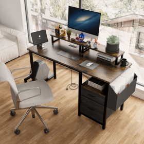Computer Desk With Drawer And Power Outlets, 47 Office Desk With 2 Monitor Stands And Fabric File Cabinet, Writing Gaming Table With Shelves And (Option: Rustic Brown)