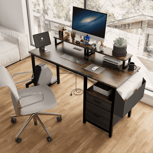 Computer Desk With Drawer And Power Outlets, 47 Office Desk With 2 Monitor Stands And Fabric File Cabinet, Writing Gaming Table With Shelves And