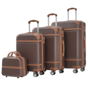 Hardshell Luggage Sets 4 Pieces 20x24x28 Luggages And Cosmetic Case Spinner Suitcase With TSA Lock Lightweight (Color: Brown)