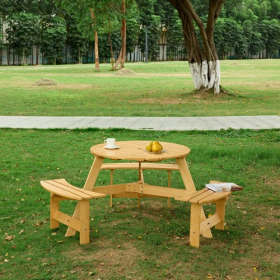 Outdoor 6 Person Picnic Table, 6 Person Round Picnic Table With 3 Built-in Benches, Umbrella Hole, Outside Table And Bench Set For Garden, Backya (Option: Natural)