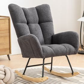 Rocking Chair With Pocket, Soft Teddy Fabric Rocking Chair For Nursery, Comfy Wingback Golider Rocking Chair With Safe Solid Wood Base For Living (Color: Grey)