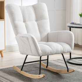 Rocking Chair With Pocket, Soft Teddy Fabric Rocking Chair For Nursery, Comfy Wingback Golider Rocking Chair With Safe Solid Wood Base For Living (Color: White)