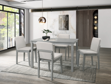 Grey Finish 5 Piece Dining Room Set Dining Table 4x Chairs Beige Fabric Chairs (Option: Gray Beige)