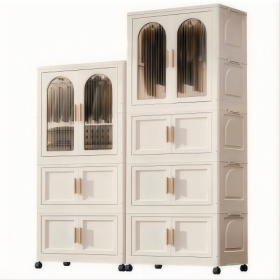 25.59 Side Wide Folding Wardrobe   25.59x15.75x57.09  With Magnetic Door Plastic Storage Cabinet With Wheels  One Layer Of Wardrobe X  Two Layers (Option: Cream White)