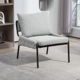 Modern Accent Lounge Chair With Braided Upholstery And Metal Frame, Comfortable Armchair For Living Room Or Bedroom, Soft Cushioned Seat And Back (Color: Grey)