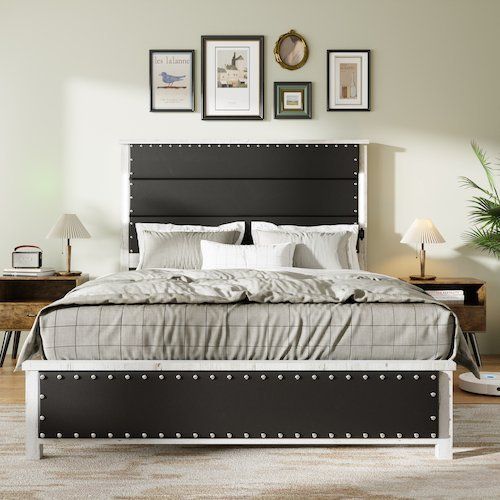 Queen Size Bed Frame With Upholstered Headboard, Queen Bed Frame With Charging Station And LED Lights, Wood Slats, Dark Gray Faux Leather & Rivet