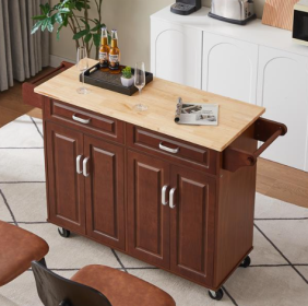Mobile Kitchen Island Cart With 2 Drawers (Color: Brown)