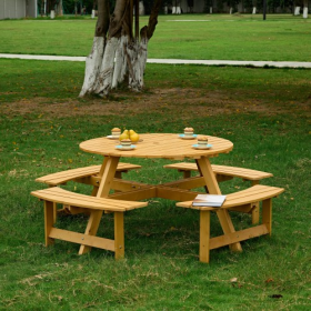 Outdoor 8 Person Picnic Table, 8 Person Round Picnic Table With 4 Built-in Benches, Umbrella Hole, Outside Table And Bench Set For Garden, Backya (Option: Natural)