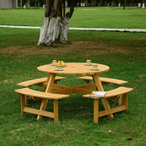Outdoor 8 Person Picnic Table, 8 Person Round Picnic Table With 4 Built-in Benches, Umbrella Hole, Outside Table And Bench Set For Garden, Backya