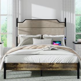 Queen Size Bed Frame With Upholstered Headboard , Queen Bed Frame With Charging Station And LED Lights, Wood Slats, Easy Assembly,No Box Spring N (Option: Queen)