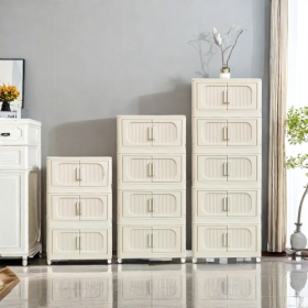 Cream White,19.69 Side Wide Folding Storage Cabinet ,5 Tiers,19.69x11.81x50.00,Collapsible Storage Bins With Magnetic Door, Plastic Storage Cabin (Option: Cream White)