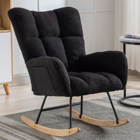 Rocking Chair With Pocket, Soft Teddy Fabric Rocking Chair For Nursery, Comfy Wingback Golider Rocking Chair With Safe Solid Wood Base For Living (Color: Black)