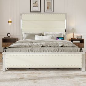 Queen Size Bed Frame With Upholstered Headboard And 4 Storage Drawers , Queen Bed Frame With Charging Station And LED Lights, Wood Slats, Beige F (Option: Queen)
