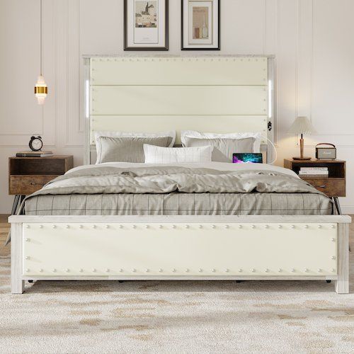 Queen Size Bed Frame With Upholstered Headboard And 4 Storage Drawers , Queen Bed Frame With Charging Station And LED Lights, Wood Slats, Beige F