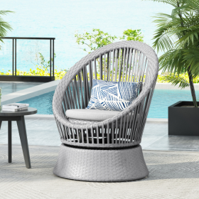 26.7 Modern Gray Wicker Lounge Chair With Rattan And Iron Frame, Featuring A Stylish Round Design, Perfect For Living Room, Patio, Or Balcony Rel (Option: Silver grey)