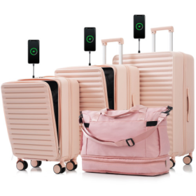 Luggage 4 Piece 20 24 28 Sets And A Bag, 20 24 With Front Pocket,Hard Shell Luggage Carry On Luggage Set With TSA Lock, Usb, Universal Wheel,cup (Color: Pink)