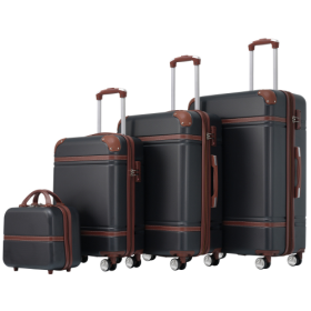 Hardshell Luggage Sets 4 Pieces 20x24x28 Luggages And Cosmetic Case Spinner Suitcase With TSA Lock Lightweight (Color: Black)