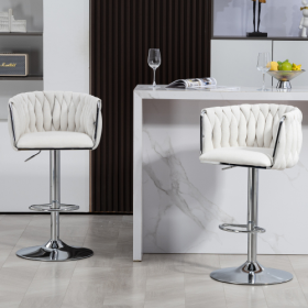 360 Fabric Cover Swivel Bar Stools Set Of 2, Adjustable Counter Height Bar Chairs With Woven Back & Footrest, Silver Chromed Bar Stools For Kitch (Color: Beige)