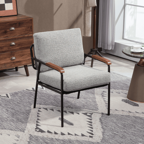Modern Accent Chair With Natural Wood Armrests And Black Metal Frame, Light Beige Upholstered Seat And Backrest, Comfortable Lounge Chair For Bed