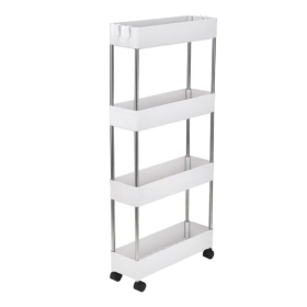 4 Tier Slim Storage Cart Mobile Shelving Unit Organizer Slide Out Storage Rolling Utility Cart Tower Rack For Kitchen Bathroom Laundry Narrow Pla (Color: White)