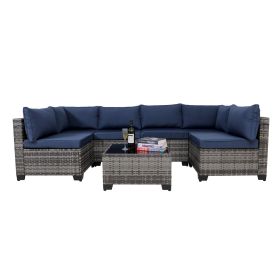 7 Pieces Outdoor Rattan Patio Sectional Set, Black Wicker Furniture Conversation Sets With Washable Cushions & Glass Coffee Table For Garden, Poo (Option: Grey Blue)