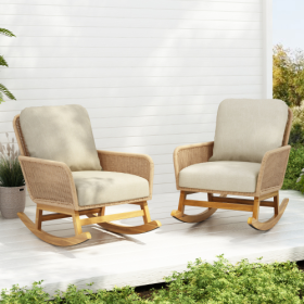Contemporary Minimalist Ivory Wicker Rocking Chair With Soft Polyester Cushions And Durable Wooden Frame, Perfect For Indoor And Outdoor Spaces L (Option: Beige-2pcs)