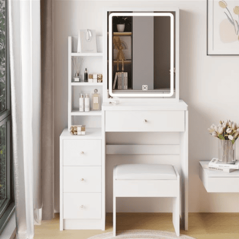 Small Size Left Bedside Table, Dressing Table With Soft Cushion Stool, Oversized Touch Sliding LED Mirror, Tri Color Switching, Adjustable Bright