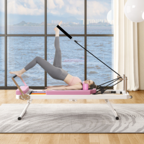 Pilates Reformer Machine For Home Gym Workout, Foldable Pilates Equipment With High Strength Alloy Springs For Beginners, Up To 330lbs (Color: Pink)